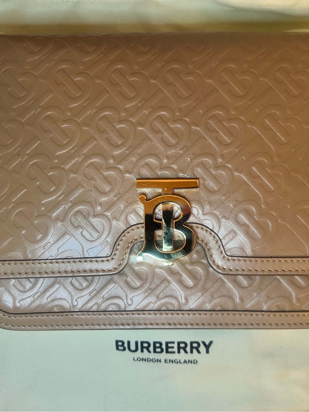 NWOT Burberry TB Monogram Calf Leather Shoulder Bag in Beige